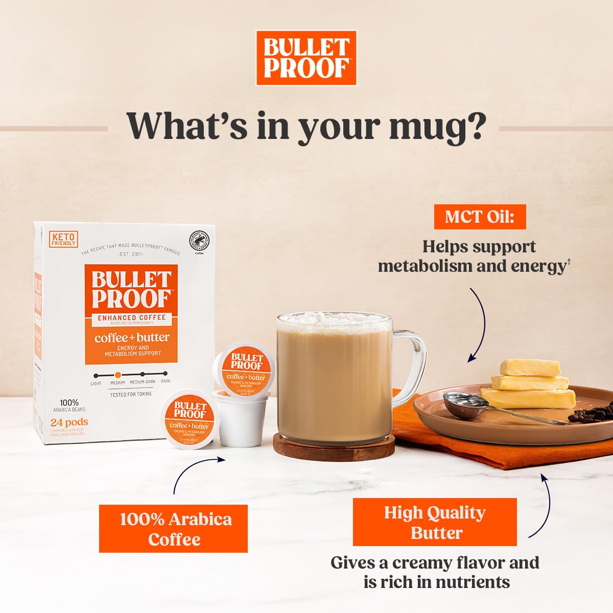 Bulletproof pods feature sustainable, small-farm Arabica sourcing and quality beans.