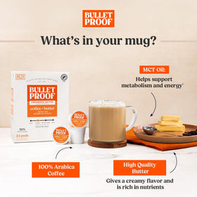 Bulletproof pods feature sustainable, small-farm Arabica sourcing and quality beans.