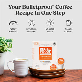 Bulletproof pods close-up highlighting MCT oil and organic grass-fed butter ingredients.