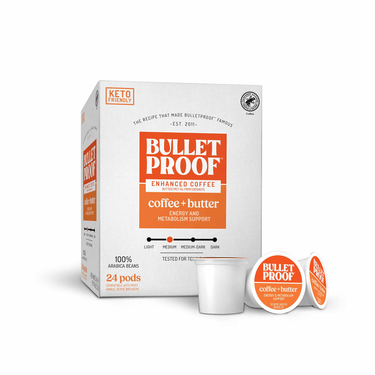 Bulletproof Coffee + Organic Butter Pods in a cup delivering creamy keto energy.