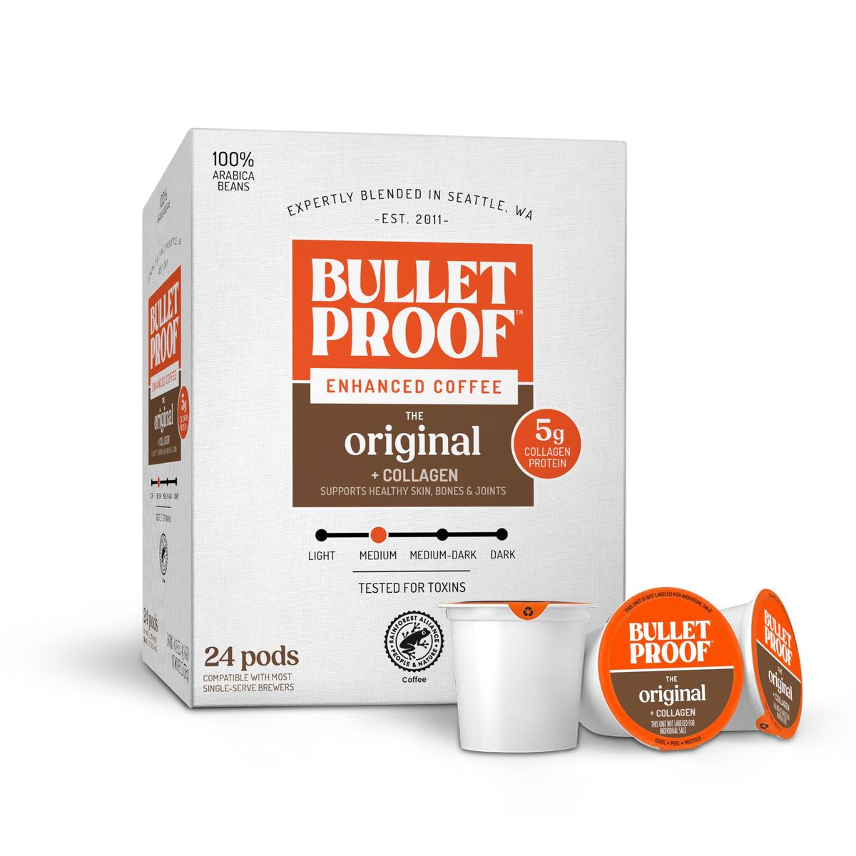 Bulletproof Coffee and Collagen pods box on counter for convenient daily routine with collagen protein.