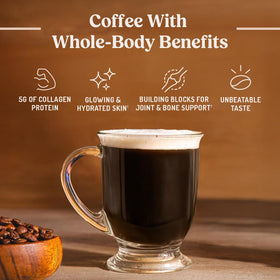 Bulletproof Coffee and Collagen pods close-up showing rich aroma and finish.