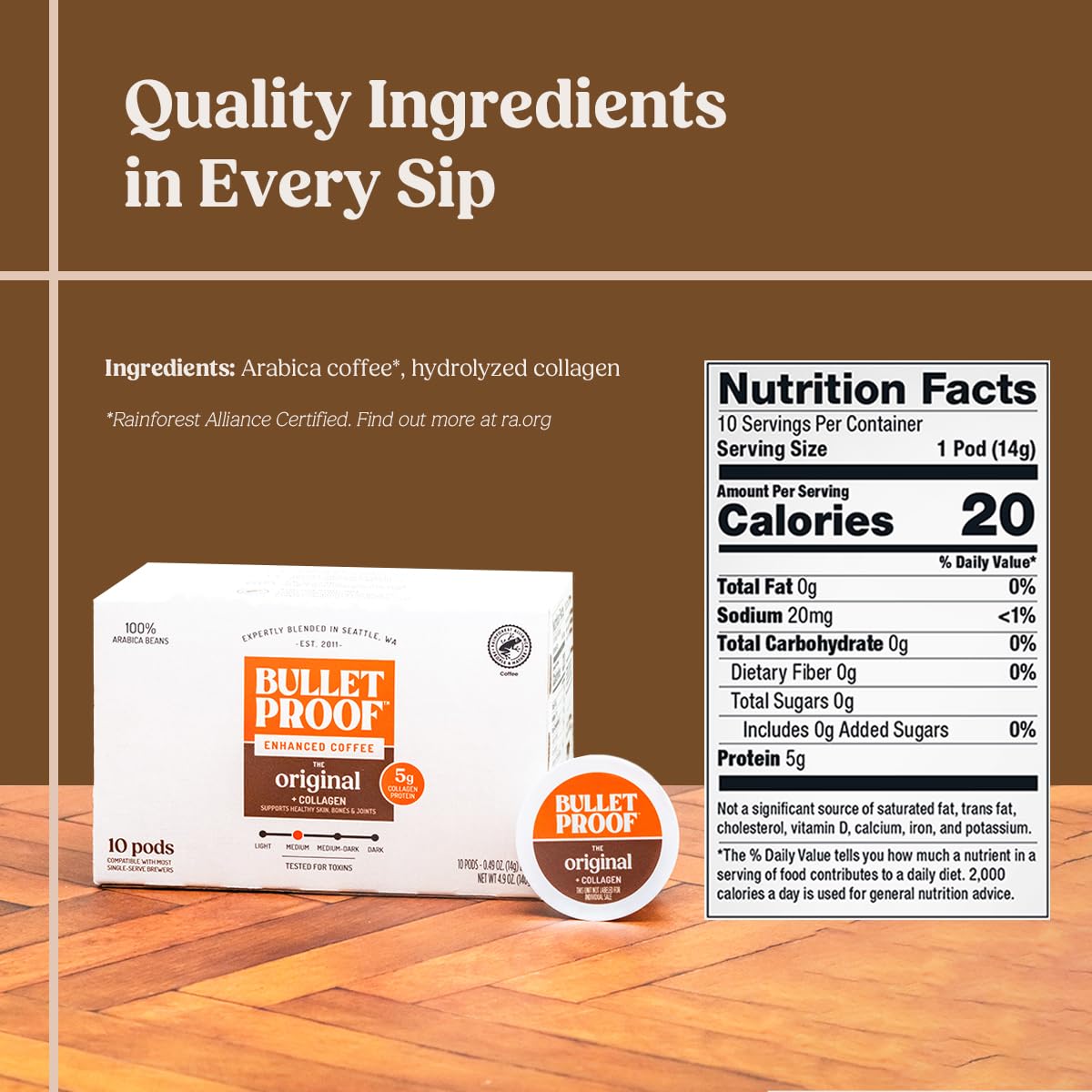 Bulletproof Coffee Collagen Pods in a cup for steady energy.