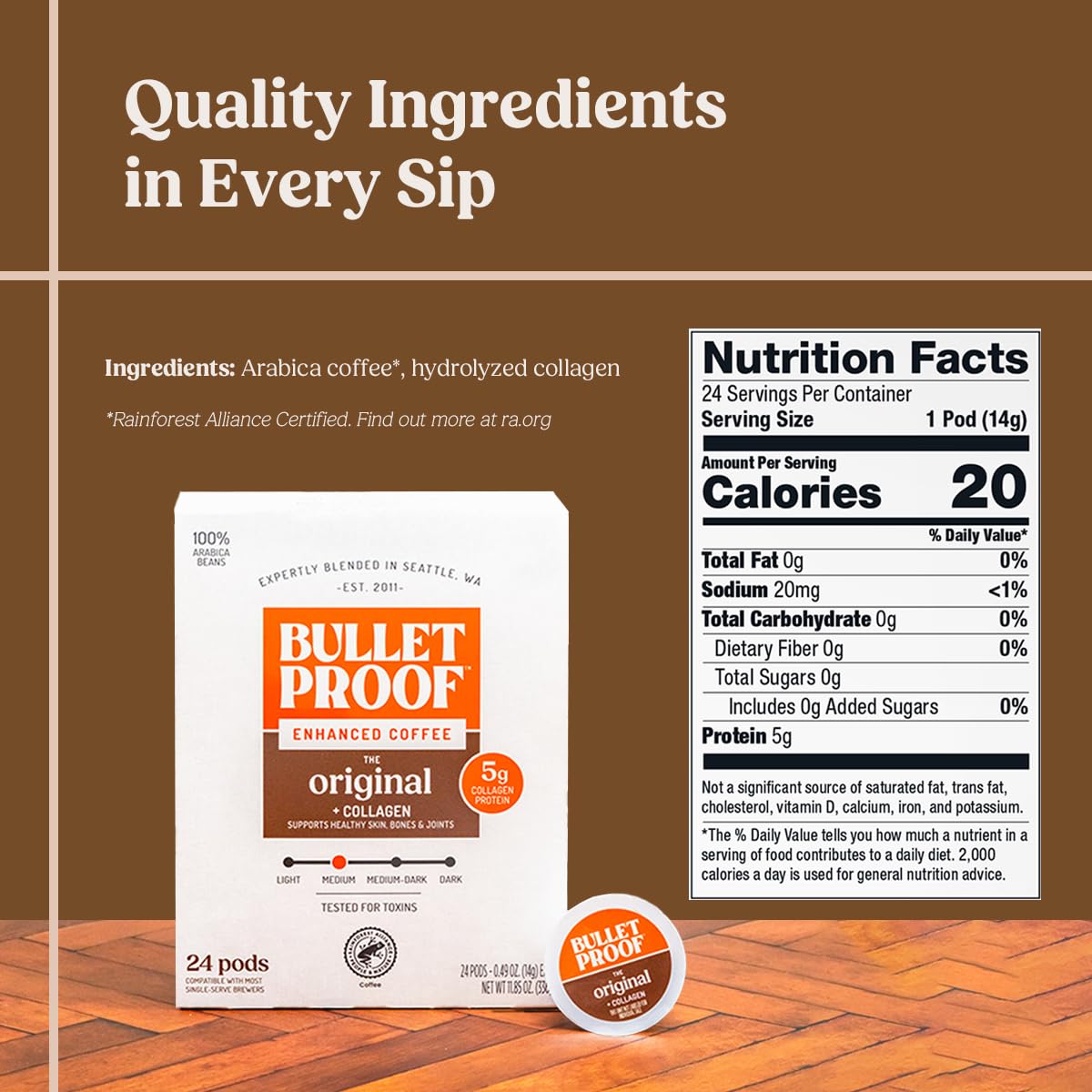 Bulletproof Coffee and Collagen pods cup steaming, smooth medium roast aroma.