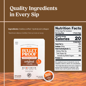 Bulletproof Coffee and Collagen pods cup steaming, smooth medium roast aroma.