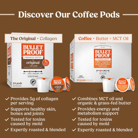 Bulletproof Coffee and Collagen pods on counter, ready-to-use for busy mornings.