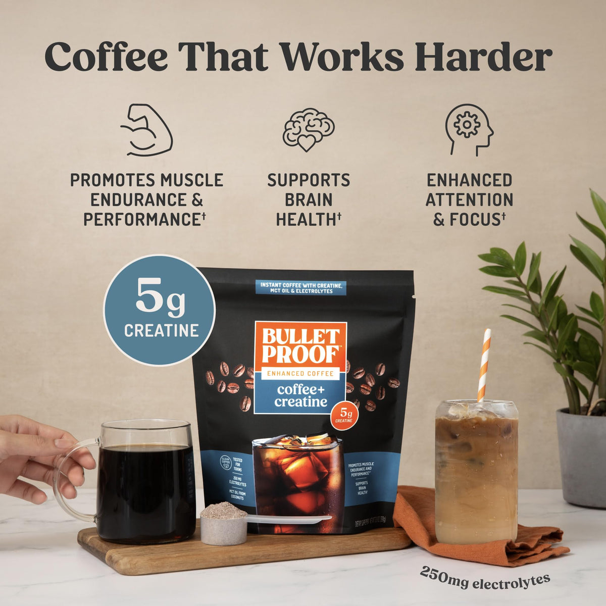 Bulletproof Coffee + Creatine scoop with 5g dose highlights simple daily use