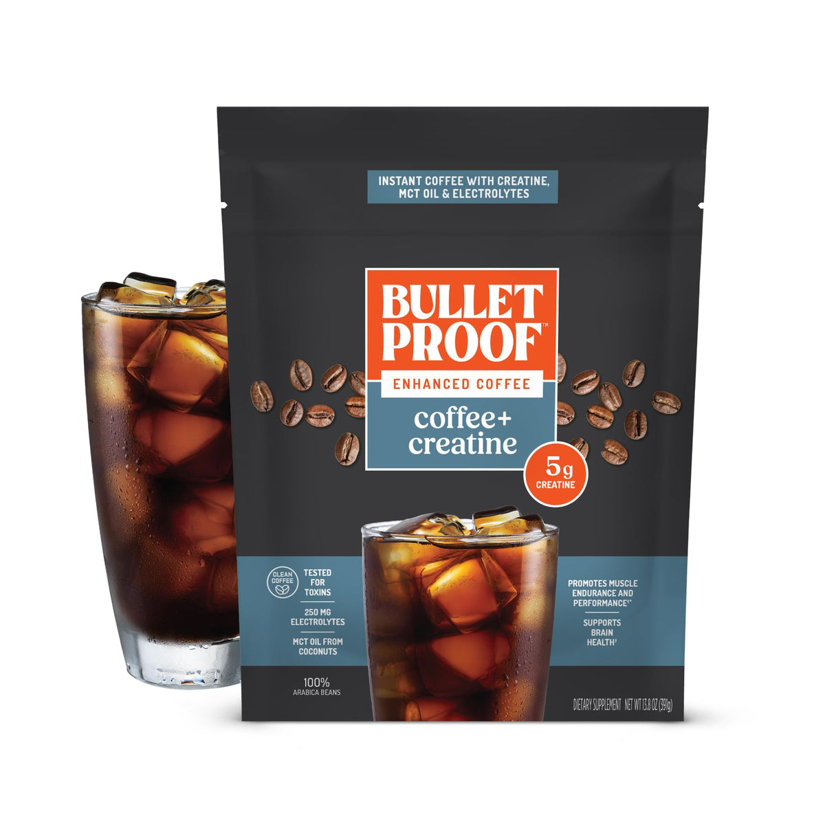 Bulletproof Coffee + Creatine instant coffee bag shows toxin-tested beans for clean energy