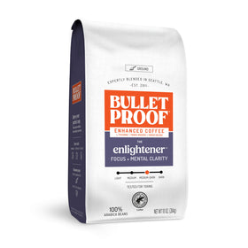 Bulletproof Enlightener coffee bag with label, suggesting focus during morning routine