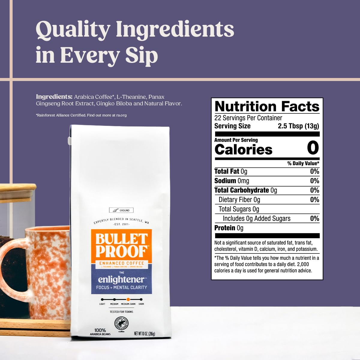 Bulletproof Enlightener ground coffee packet showing medium-dark roast aroma