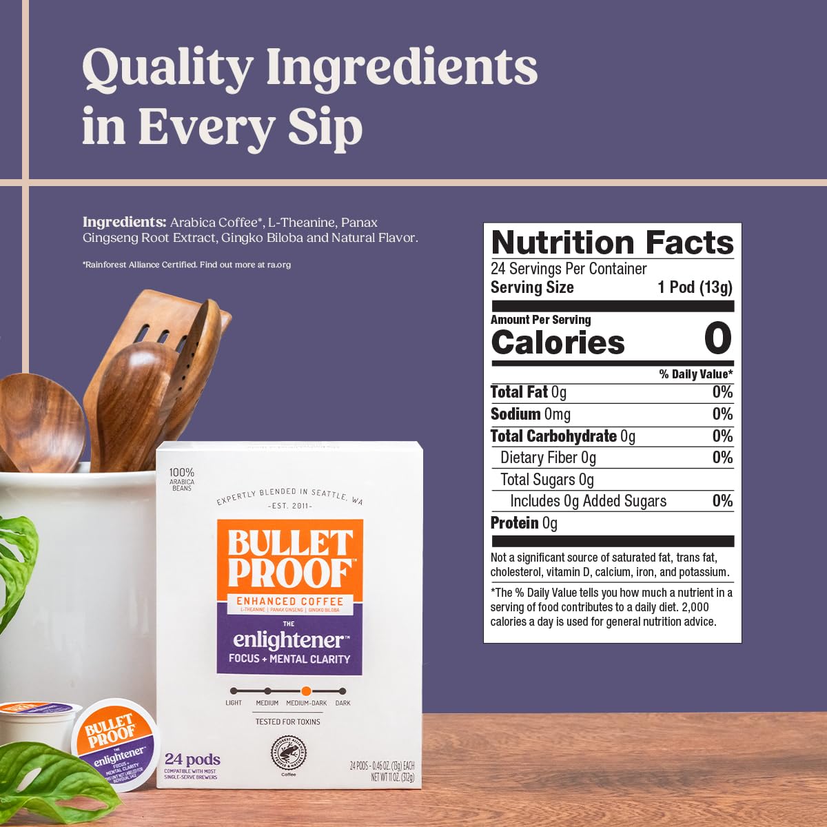Bulletproof Enlightener coffee pod packaging highlighting sustainable sourcing.