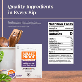 Bulletproof Enlightener coffee pod packaging highlighting sustainable sourcing.