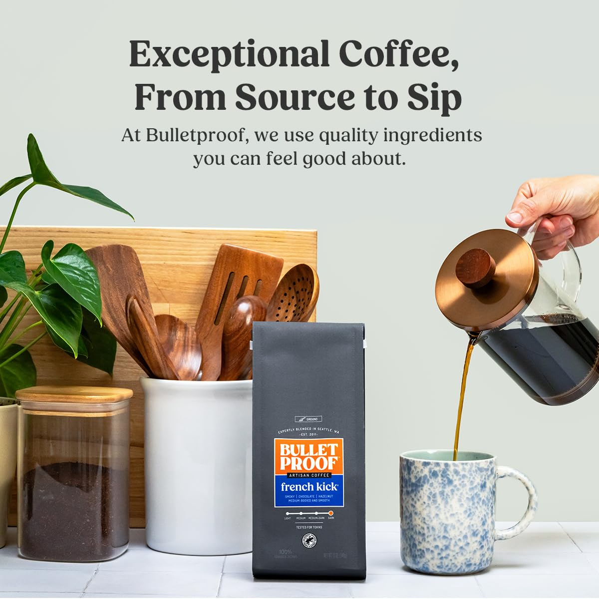 Bulletproof French Kick arabica beans close-up emphasizing premium quality and smooth tasting notes.