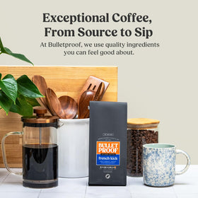 Bulletproof French Kick Dark Roast brewed cup setup with smoky aroma.