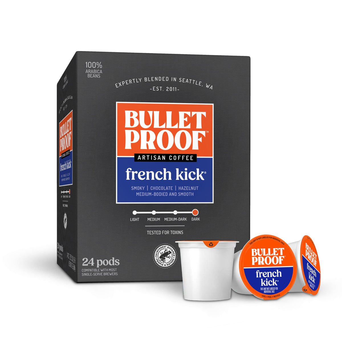 Bulletproof French Kick dark roast pod box front, premium flavor for busy mornings.