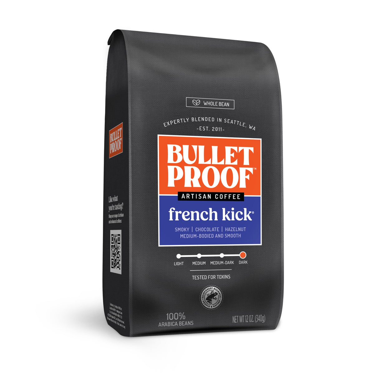 Bulletproof French Kick Dark Roast Whole Bean 12oz ready for grinding and brewing.