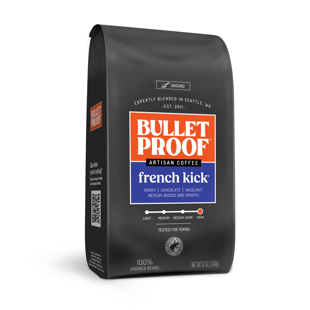 Bulletproof French Kick ground coffee bag demonstrating convenient 12 oz packaging for everyday brewing.