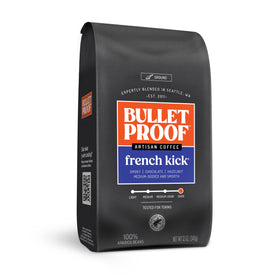 Bulletproof French Kick ground coffee bag demonstrating convenient 12 oz packaging for everyday brewing.