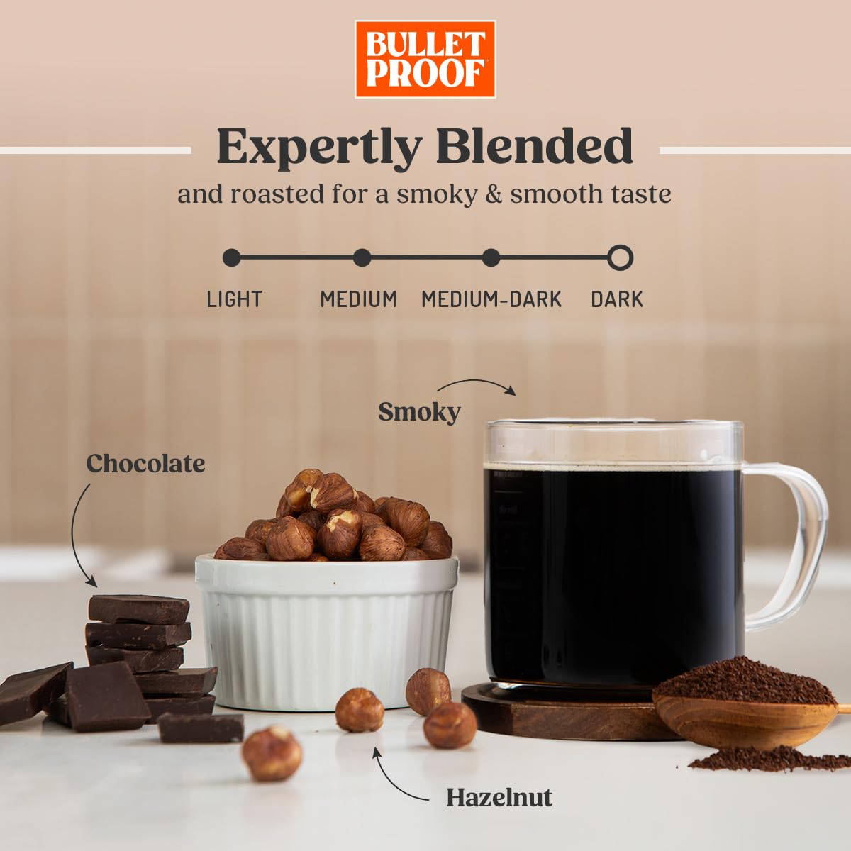 Bulletproof French Kick packaging on shelf highlighting 100% Arabica origin and flavor potential.