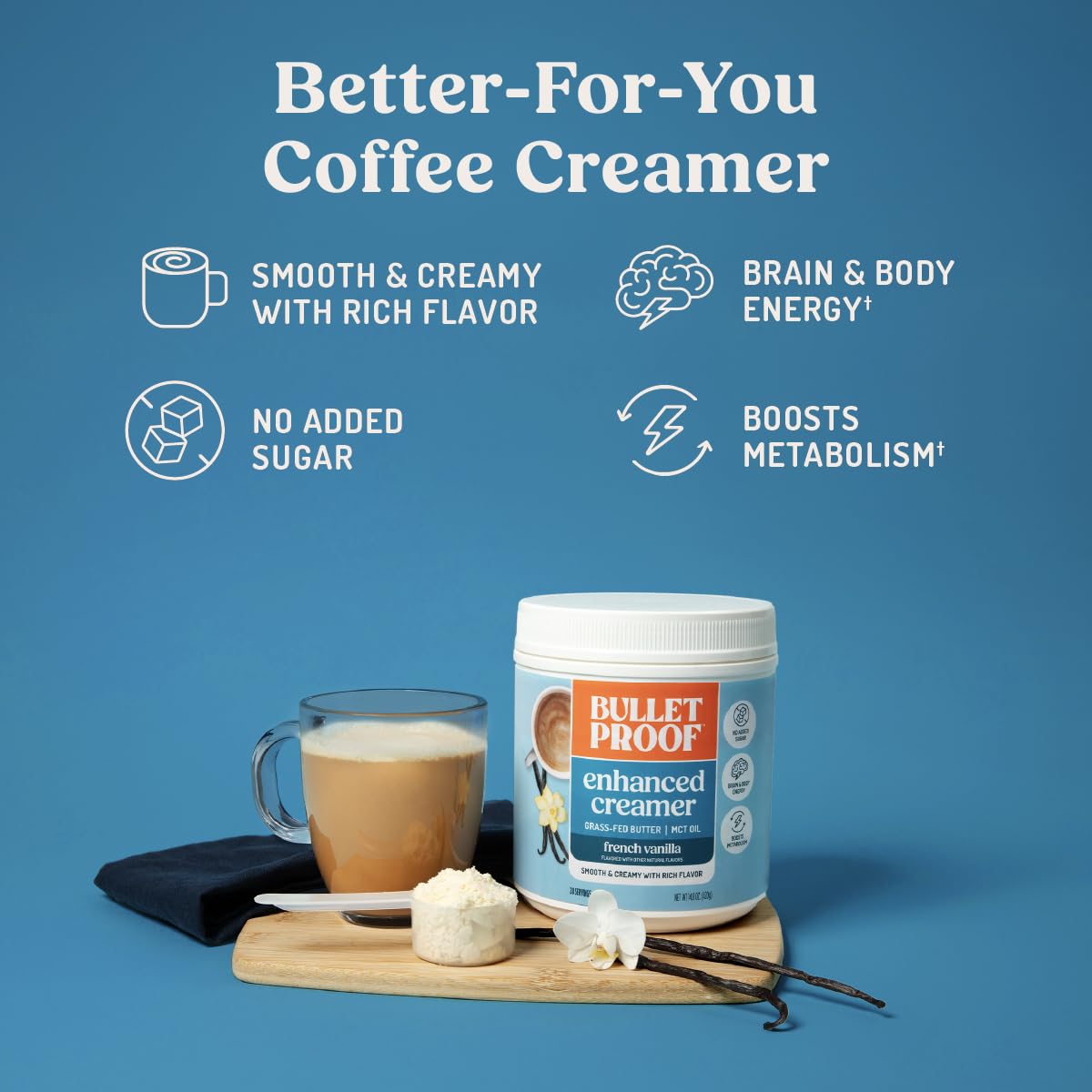 Bulletproof French Vanilla Creamer cup with coffee, showcasing velvety vanilla cream.