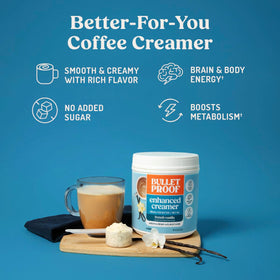 Bulletproof French Vanilla Creamer cup with coffee, showcasing velvety vanilla cream.
