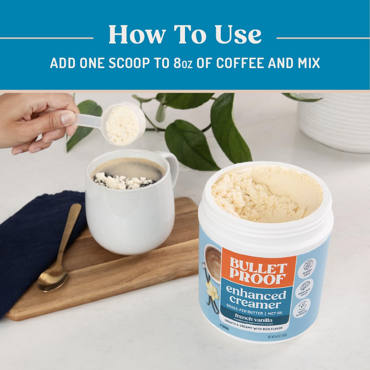 Bulletproof French Vanilla Creamer ingredients card with MCT oil and grass-fed butter.