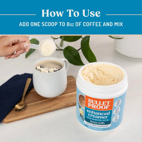 Bulletproof French Vanilla Creamer ingredients card with MCT oil and grass-fed butter.