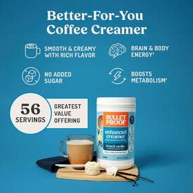 Pouring Bulletproof French Vanilla Creamer into a mug for a creamy blend.