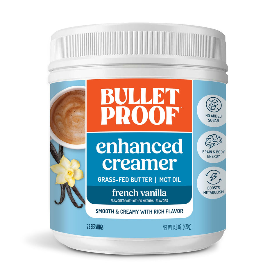 Bulletproof French Vanilla Creamer tub close-up, creamy keto-friendly coffee powder for rich flavor.