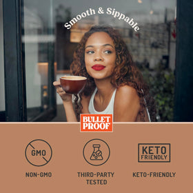 Bulletproof Hazelnut Creamer packaging close-up emphasizing shelf-stability