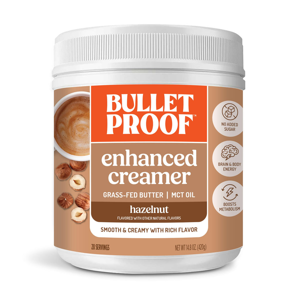 Bulletproof Hazelnut Creamer tub front view, keto-friendly and non-GMO hydration for coffee