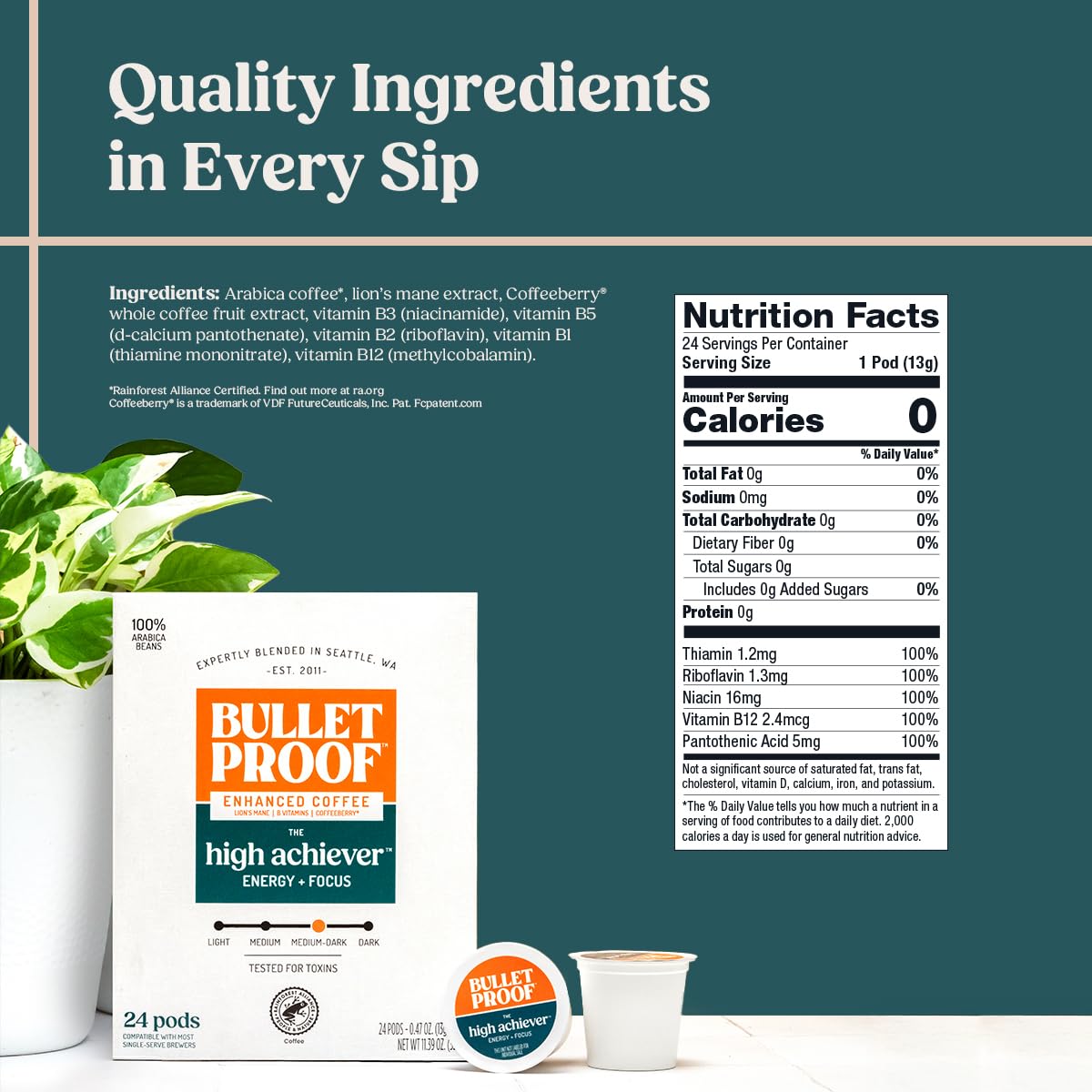 Bulletproof High Achiever pods closeup highlighting caffeinated blend for focus.