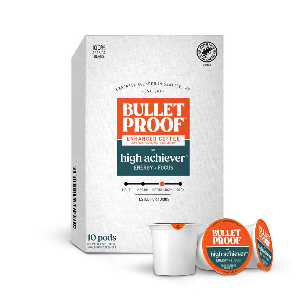 Bulletproof High Achiever pods pack front, ideal for a focused morning routine