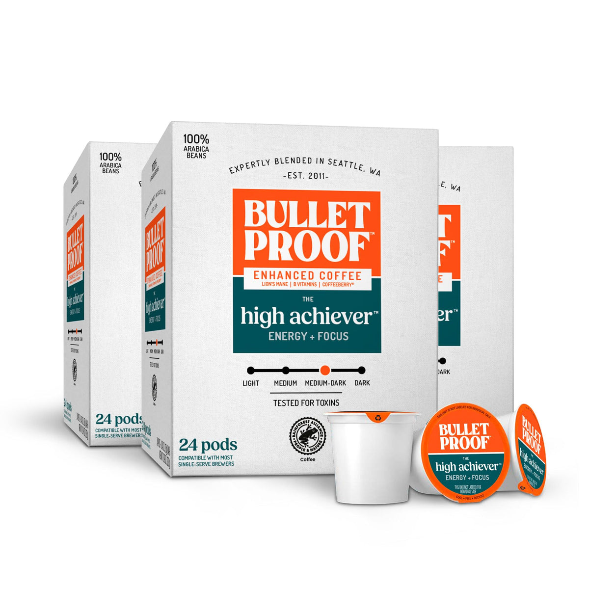 Bulletproof High Achiever pods packaging boxes show three 24-count boxes for easy mornings.