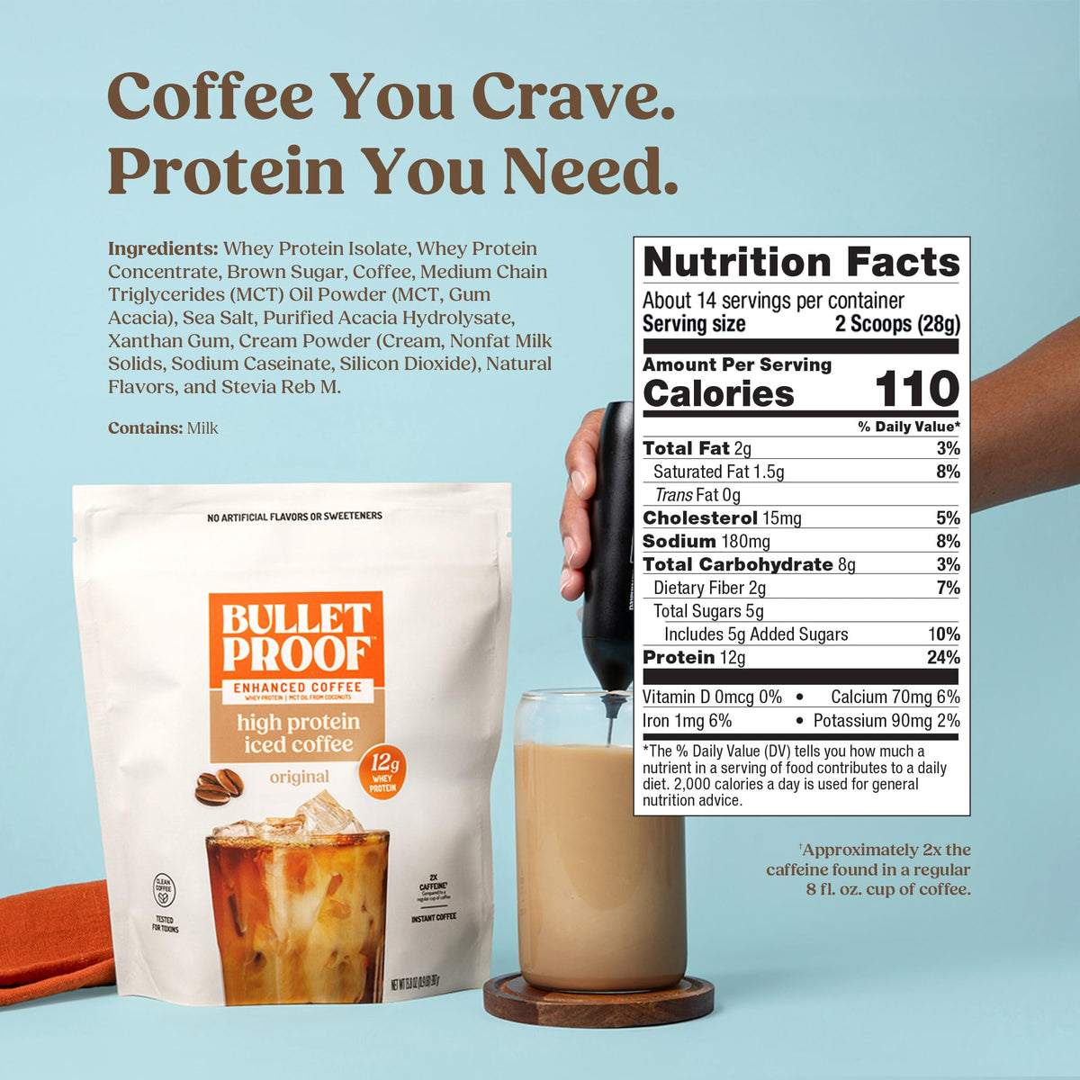 Bulletproof Iced Protein Coffee label close-up highlights no artificial flavors.