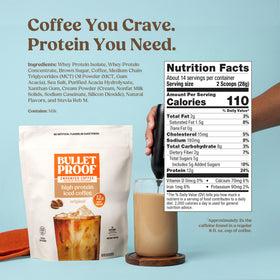 Bulletproof Iced Protein Coffee label close-up highlights no artificial flavors.