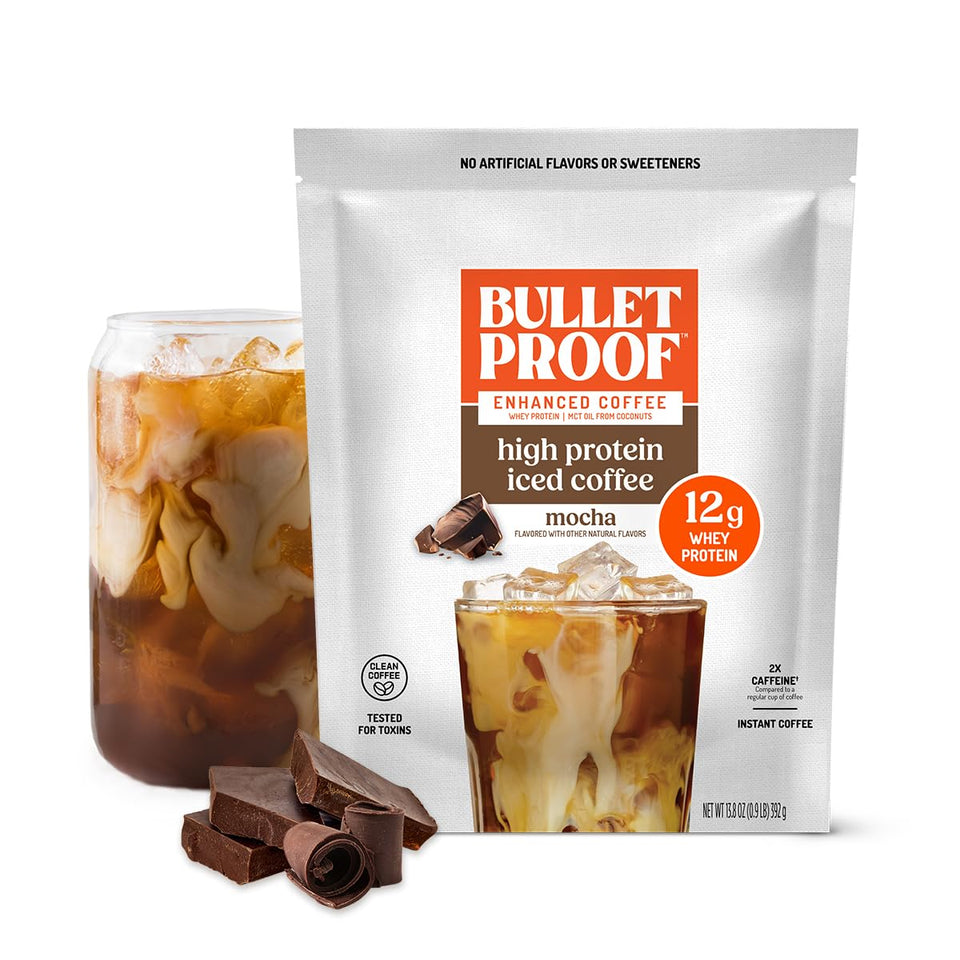Bulletproof Iced Protein Coffee Mocha bag highlights toxin-tested ingredients for clean energy.