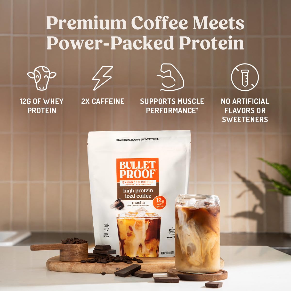 Bulletproof Iced Protein Coffee Mocha glass pour shows quick mix with water or milk.