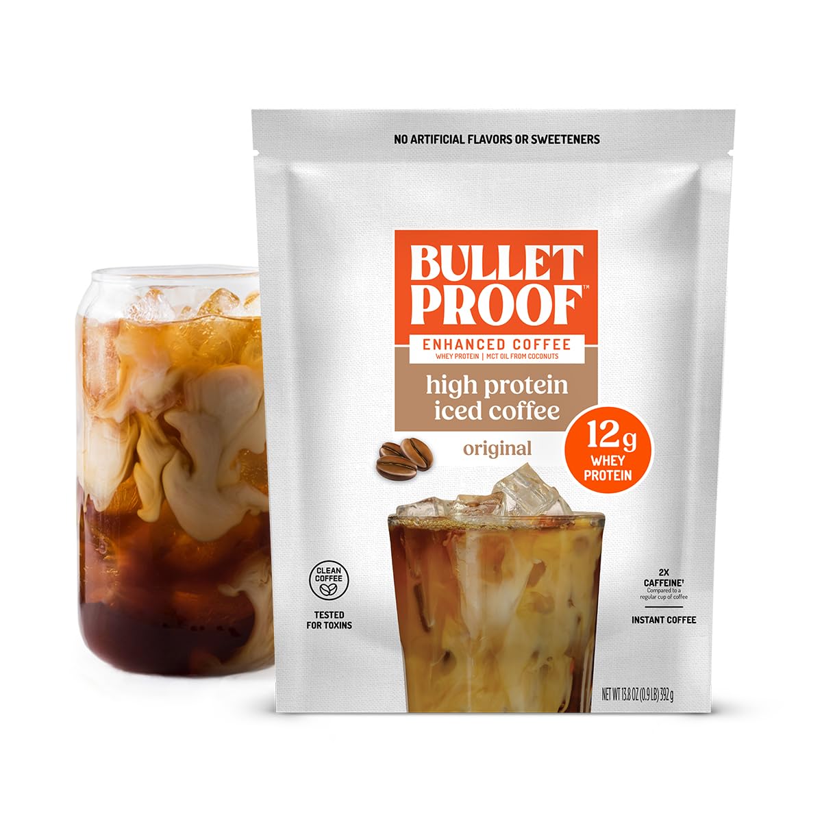 Bulletproof Iced Protein Coffee original package showcases toxin-tested formula and clean ingredients.