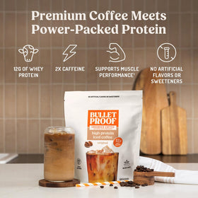 Bulletproof Iced Protein Coffee powder being poured for a quick protein boost.