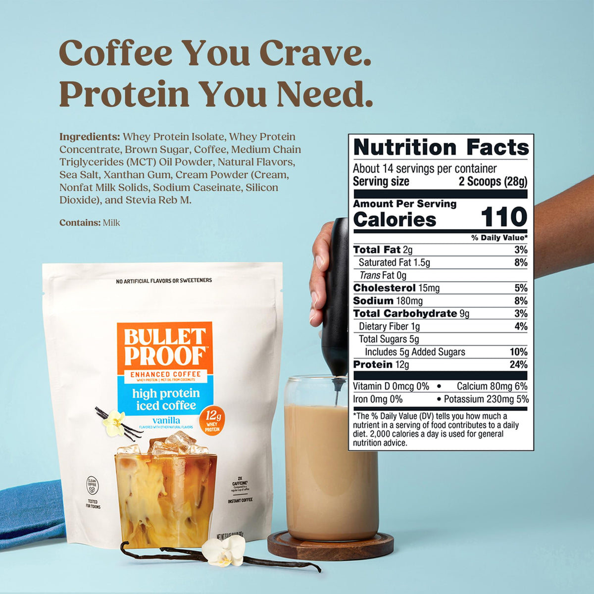 Bulletproof Iced Protein Coffee vanilla label highlighting clean ingredients for energy