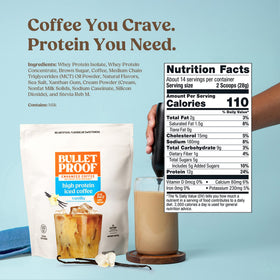 Bulletproof Iced Protein Coffee vanilla label highlighting clean ingredients for energy