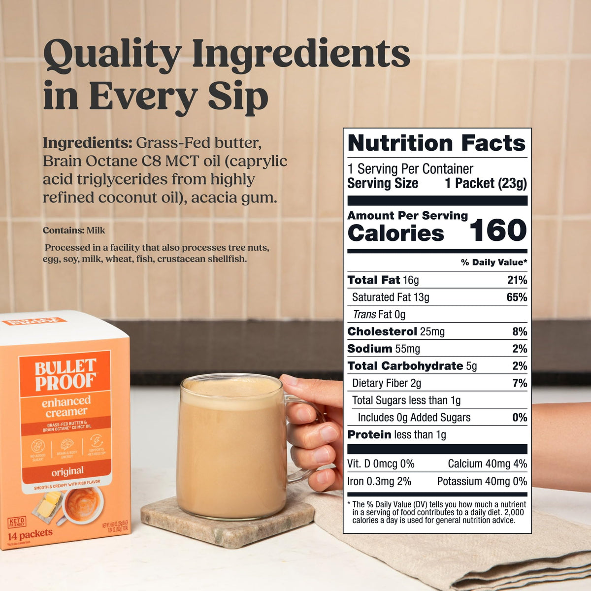 Bulletproof InstaMix creamer being poured into a cup of coffee to create smooth flavor.