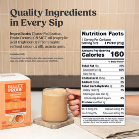 Bulletproof InstaMix creamer being poured into a cup of coffee to create smooth flavor.