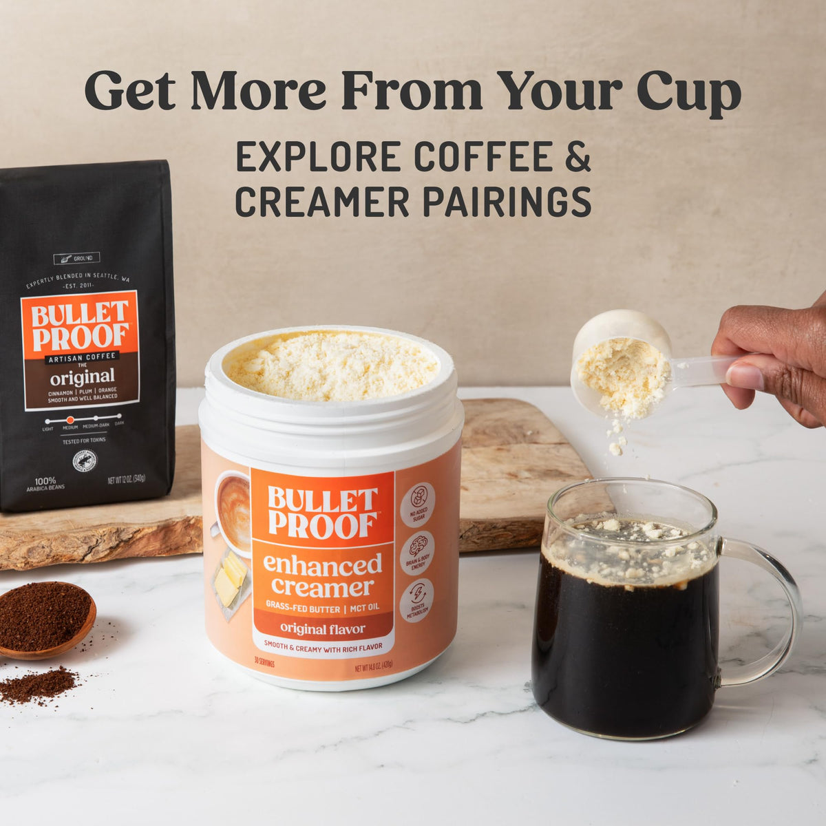 Bulletproof InstaMix kitchen-counter display illustrating quick, no-blender creamer solution.