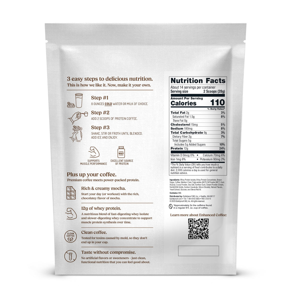 Bulletproof instant coffee mix dissolves quickly for on-the-go protein boost.