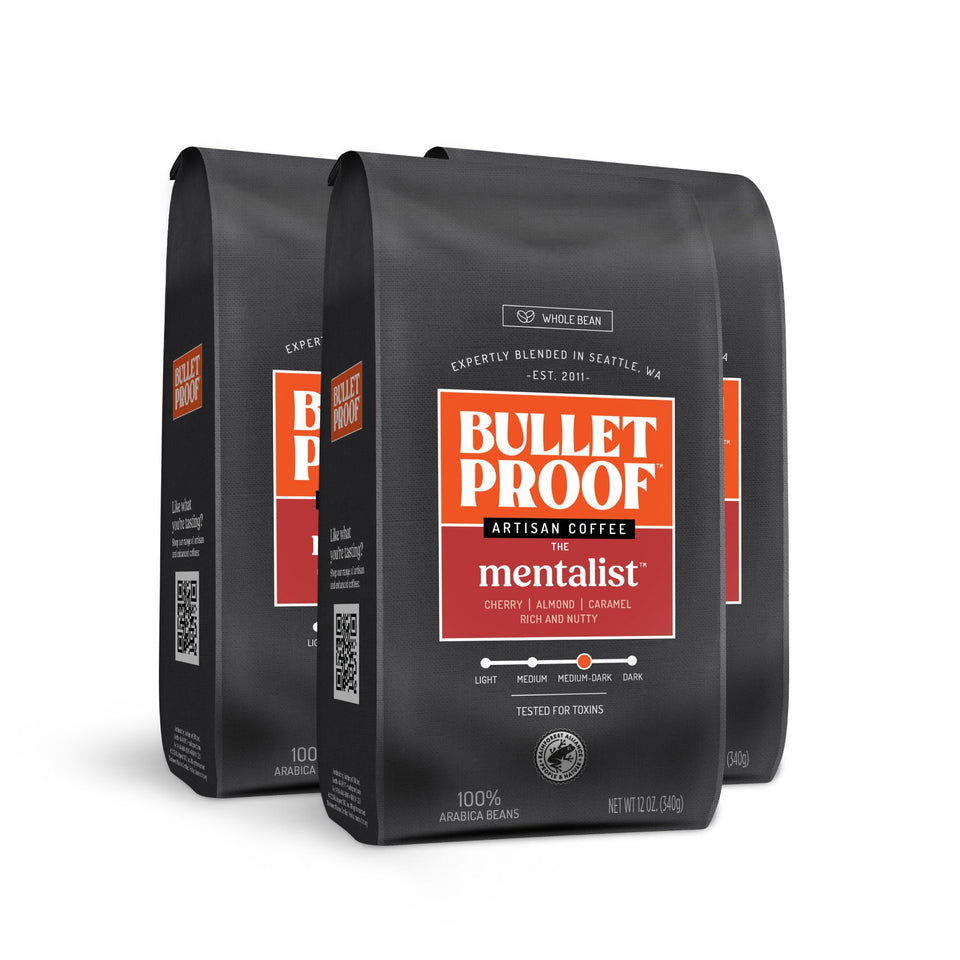 Bulletproof The Mentalist coffee beans close-up, rich aroma boosts morning focus and taste.
