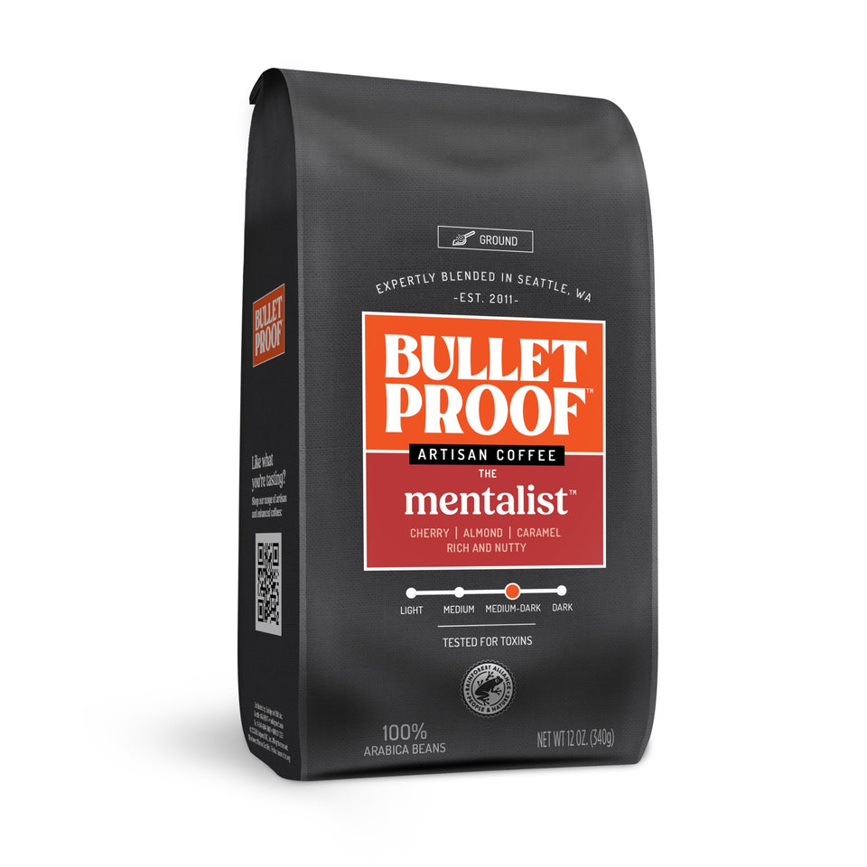 Bulletproof The Mentalist medium-dark roast coffee bag showcasing sustainable packaging and flavor potential