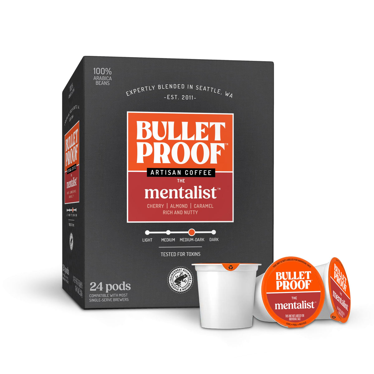 Bulletproof The Mentalist medium-dark roast pod pack for convenient single-serve freshness.
