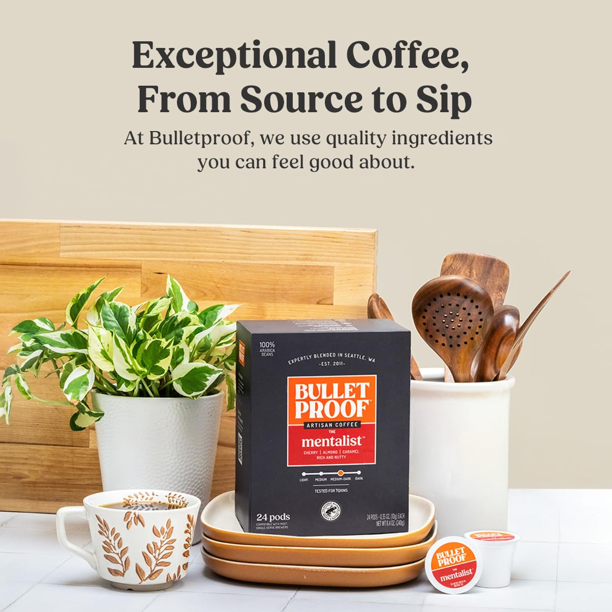 Bulletproof The Mentalist steaming cup highlights inviting aroma and bold taste.